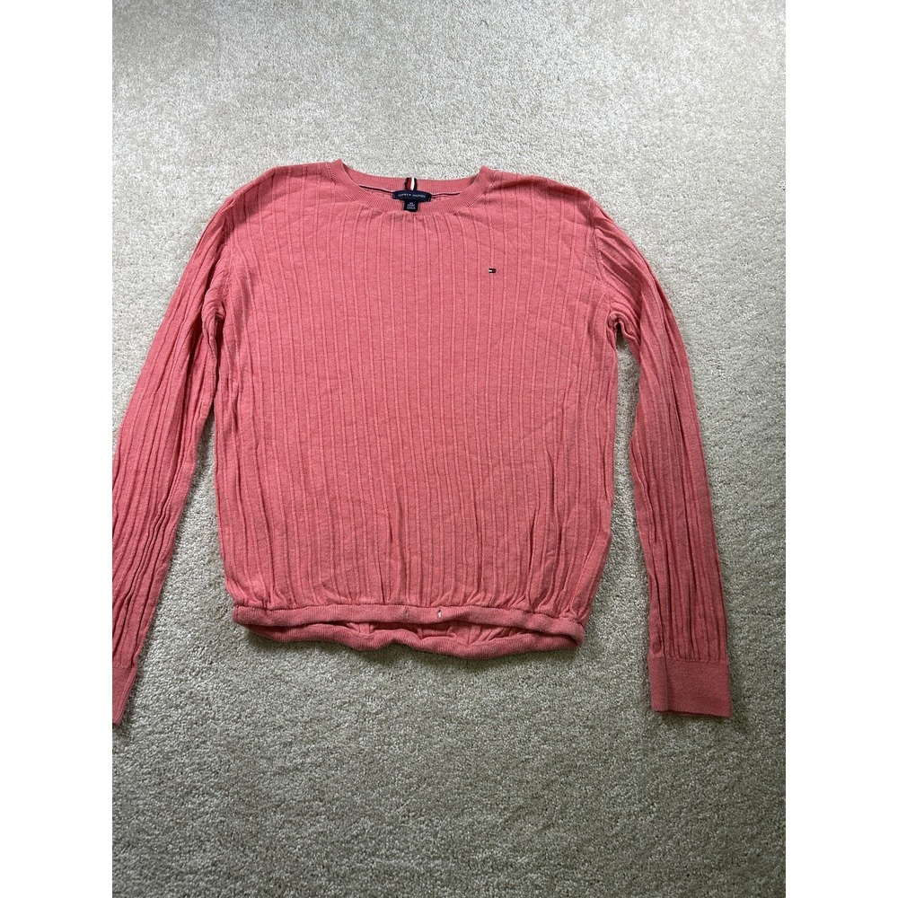 Tommy Hilfiger Sweater Womens XS Pink Crewneck Pullover Ribbed Logo Preppy‎